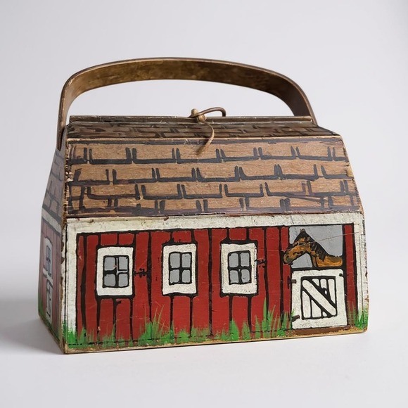 Vintage Hand Painted Wood Barn Purse Unique Folk Art Horse Chicken - Picture 1 of 16